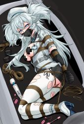 1girl absurdres arms_behind_back ass black_skirt blue_eyes blush boots bound bound_arms bound_wrists breast_bondage breasts breasts_out cross-laced_clothes cross-laced_skirt ecchinoidea egg_vibrator florence_(girls&#039;_frontline_2) from_above gag girls&#039;_frontline girls&#039;_frontline_2:_exilium hat heart heart-shaped_pupils high_heel_boots high_heels highres hitachi_magic_wand id_card improvised_gag jacket legs legs_folded long_hair looking_at_viewer looking_up lying medium_breasts miniskirt no_bra on_side pa-15_(girls&#039;_frontline) pantyhose pasties restrained sex_toy shibari skirt solo symbol-shaped_pupils tape tape_gag tape_on_nipples thighs torn_clothes torn_pantyhose very_long_hair vibrator white_hair white_jacket