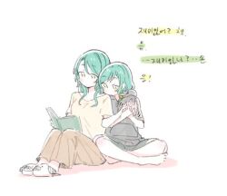 Rule 34 | 2girls, aqua hair, bang dream!, barefoot, blush, book, bow, bowwow (hamju94), commentary request, grey hoodie, hair bow, hikawa hina, hikawa sayo, holding hands, hood, hoodie, korean commentary, lowres, multiple girls, shirt, simple background, skirt, yellow bow