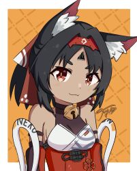 1girl animal_ears bell black_hair blush breasts cat cat_ears closed_mouth collar female_focus jua looking_at_viewer medium_breasts nekomiya_mana nose orange_background red_eyes short_hair solo standing zenless_zone_zero