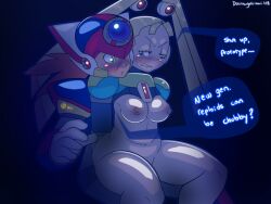 Rule 34 | 1boy, 1girl, axl (mega man), blush, breasts, clothed male nude female, mega man (series), mega man x (series), nipples, nude, pallette (mega man), petite, robot girl