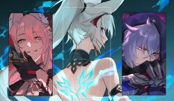 1girl 2boys absurdres animal_ear_fluff animal_ears aqua_gemstone armor back bare_shoulders bead_bracelet beads black_gloves blue_background blue_eyes blue_shirt body_markings bracelet chinese_clothes covered_mouth covering_own_mouth crossed_bangs earrings energy eyeshadow feather_fan feixiao_(honkai:_star_rail) fox_boy fox_ears fox_girl from_behind gem gloves gradient_background grey_armor grey_hair hair_beads hair_between_eyes hair_ornament hand_fan high_ponytail highres holding holding_fan honkai:_star_rail honkai_(series) jewelry jiaoqiu_(honkai:_star_rail) long_hair looking_at_viewer looking_back makeup mandarin_collar moze_(honkai:_star_rail) multiple_boys open_clothes orange_eyes pink_hair ponytail purple_eyes purple_hood purple_shirt red_eyeshadow red_shrug shirt short_hair shrug_(clothing) simple_background single_earring sleeveless sleeveless_shirt smile tangzhuang tassel tassel_earrings tassel_hair_ornament teeth upper_body white_shirt yakota_(usuk-yako)