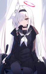 1girl absurdres black_choker black_coat black_hairband black_pantyhose black_sailor_collar black_serafuku black_umbrella blue_archive blurry blurry_background bow choker coat commentary curtains day expressionless eyes_visible_through_hair grey_eyes hair_bow hair_over_one_eye hairband halo head_tilt highres indoors long_hair neckerchief open_clothes open_coat pantyhose pink_halo plana_(blue_archive) pleated_skirt red_pupils sailor_collar school_uniform serafuku sitting skirt sleeves_past_wrists solo tah_noey umbrella very_long_hair white_bow white_hair white_neckerchief