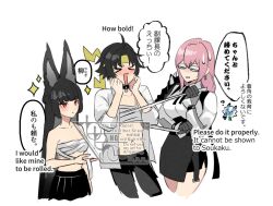 1boy 3girls animal_ear_fluff animal_ears armor asaba_harumasa black_skirt blue_skin blunt_bangs blush chest_sarashi closed_eyes colored_skin cowboy_shot dress_shirt earrings english_text fox_ears fox_girl glasses hair_between_eyes headband high-waist_skirt horns hoshimi_miyabi jewelry looking_at_another multiple_girls oni parted_bangs pencil_skirt pink_hair sarashi shirt short_hair shoulder_armor sidelocks simple_background skirt soukaku_(zenless_zone_zero) sparkle speech_bubble sweatdrop to_te_na tsukishiro_yanagi white_background white_hair white_shirt yellow_headband zenless_zone_zero