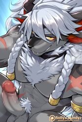 1boy abs bara braid chest_fur commentary cross_scar dislyte english_commentary erection fangs furry furry_male grin horns looking_at_viewer male_focus multiple_animal_ears muscular muscular_male navel patreon_logo patreon_username pectorals penis pubic_hair scar scar_on_arm scar_on_stomach single_horn smile sollyz sui_zai_(beast_nian)_(dislyte) testicles topless_male white_hair