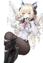 1girl absurdres armored_boots armored_gloves black_pantyhose black_shorts blonde_hair blue_eyes blush boots breasts buttons collared_shirt commentary crossed_legs crown_(nikke) drill_hair english_commentary gem gloves goddess_of_victory:_nikke gold_trim hair_between_eyes hair_ornament hand_in_own_hair hands_up headgear highres large_breasts light_smile long_hair long_sleeves looking_at_viewer pantyhose red_gemstone shirt shorts simple_background sitting solo sun_0205 too_many_drills two-sided_gloves very_long_hair white_background white_gloves white_shirt