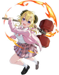 1girl absurdres ahoge animal_ears blonde_hair bow bowtie curved_horns double-parted_bangs hair_ornament hairpin hammer highres holding holding_hammer holding_weapon hololive horns jacket loafers long_sleeves loose_bowtie miniskirt official_alternate_costume open_clothes open_jacket open_mouth partially_unbuttoned pink_bow pink_bowtie pink_jacket pink_skirt pink_sleeves plaid_clothes plaid_skirt pleated_skirt purple_eyes shara_(syara_so_ju) sheep_ears sheep_girl sheep_horns shirt shoes short_twintails skirt smile socks solo tsunomaki_watame tsunomaki_watame_(school_uniform) twintails virtual_youtuber weapon white_background white_shirt white_socks zipper