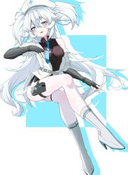 1girl :d absurdres black_gloves black_skirt blue_eyes blue_necktie blush boots breasts cross-laced_clothes cross-laced_skirt elbow_gloves fang florence_(girls&#039;_frontline_2) from_below full_body girls&#039;_frontline girls&#039;_frontline_2:_exilium gloves hair_between_eyes hand_up hat heart heart-shaped_pupils high_heel_boots high_heels highres holster legs long_hair looking_at_viewer looking_down medium_breasts miniskirt necktie open_mouth pa-15_(girls&#039;_frontline) pantyhose single_bare_shoulder sitting skirt smile solo symbol-shaped_pupils thigh_holster thigh_strap thighs very_long_hair white_hair white_pantyhose yukari_(mzzu7342)