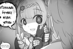 Rule 34 | 1boy, 1girl, aether (genshin impact), alph (sancheck), armor, blush, boobplate, breastplate, combat maid, crazy smile, earrings, empty eyes, english text, gacha (game mechanic), genshin impact, greyscale, hand on another&#039;s face, holding hands, jewelry, maid, monochrome, noelle (genshin impact), profanity, short hair, simple background, smile, speech bubble, white background, yandere