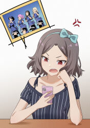 1girl absurdres ai_(girls_band_cry) anger_vein blue_bow blue_shirt bow cellphone commentary diamond_dust_(girls_band_cry) ebizuka_tomo fang girls_band_cry grey_hair hair_bow highres hina_(girls_band_cry) holding holding_phone nana_(girls_band_cry) off_shoulder open_mouth phone red_eyes rin_(girls_band_cry) shirt short_hair short_sleeves smartphone solo striped_clothes striped_shirt summer_left teeth upper_teeth_only white_background