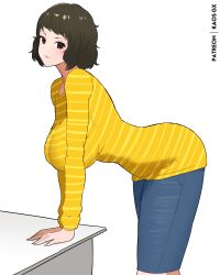 1girl absurdres ass black_hair blue_skirt blush breasts brown_eyes brown_hair closed_mouth denim denim_skirt highres kaos_art kawakami_sadayo large_breasts long_sleeves looking_at_viewer pencil_skirt persona persona_5 shirt short_hair skirt solo striped_clothes yellow_shirt