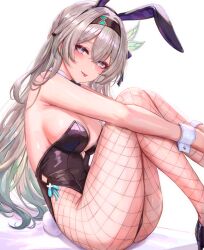 1girl :p alternate_costume animal_ear_hairband animal_ears bare_shoulders black_hairband black_leotard black_shoes blush breasts commentary english_commentary fake_animal_ears firefly_(honkai:_star_rail) fishnet_pantyhose fishnets from_side gradient_hair green_hair green_pupils grey_hair hairband honkai:_star_rail honkai_(series) knees_up large_breasts leonmandala leotard long_hair looking_at_viewer multicolored_hair pantyhose playboy_bunny rabbit_ear_hairband rabbit_ears shoes sitting solo strapless strapless_leotard tongue tongue_out white_wrist_cuffs wrist_cuffs