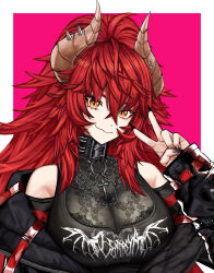1girl black_jacket black_nails breasts chain chain_necklace choker cleavage cross dragon_girl dragon_horns highres horns jacket jewelry kouzen long_hair necklace o-ring red_hair see-through_cleavage see-through_clothes smile spiked_choker spikes strap v virtual_youtuber vshojo yellow_eyes zentreya zentreya_(dragon) zentreya_(dragon)_(metalheads)