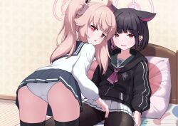 2girls absurdres ahoge animal_ears ass bed bent_over black_hair black_jacket black_pantyhose black_thighhighs blue_archive blue_sailor_collar blue_skirt blush bright_pupils cameltoe cat_ears colored_inner_hair commentary_request cowboy_shot crotch_seam emblem green_sailor_collar hair_ornament hairclip half-closed_eyes halo highres hood hooded_jacket jacket kazusa_(blue_archive) leaning_forward loli long_hair long_sleeves looking_at_viewer looking_back miniskirt multicolored_hair multiple_girls natsu_(blue_archive) neckerchief on_bed open_mouth panties pantyhose parted_lips pillow pink_hair pink_halo pink_neckerchief pleated_skirt reclining red_eyes sailor_collar school_uniform shirt short_hair side_ponytail skirt sweatdrop take_your_pick thighhighs thighs trinity_general_school_logo turning_head twintails underwear wavy_mouth white_panties white_pupils white_shirt white_skirt yuni_yuni zettai_ryouiki