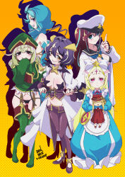 5girls absurdres ahoge akoya_matama anemo_nemo aqua_dress aqua_hair aqua_hood araga_kiwi armpits black_panties blonde_hair blue_eyes blush boots breasts brown_eyes brown_hair cleavage closed_mouth corset dated demon_horns demon_wings doll double_bun dress expressionless eyebrows_hidden_by_hair forehead_jewel full_body garter_belt gluteal_fold green_boots green_hair green_jacket grin groin hair_between_eyes hair_bun hat heart heart_ahoge highres hiiragi_utena holding holding_doll holding_riding_crop horns ikaika0326 jacket large_breasts leberblume leoparde_(mahou_shoujo_ni_akogarete) loco_musica long_hair looking_at_viewer lowleg lowleg_pants magia_baiser mahou_shoujo_ni_akogarete medium_hair midriff military_hat military_jacket mole mole_under_eye morino_korisu multiple_girls navel nero_alice open_mouth panties pants pasties pink_eyes purple_corset purple_eyes purple_hair purple_pants riding_crop sailor_collar shadow shrug_(clothing) sideless_dress signature silhouette simple_background sleeves_past_fingers sleeves_past_wrists smile star_(symbol) star_pasties teeth thigh_boots underwear upper_teeth_only very_long_hair white_jacket wings yellow_background