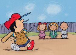 Rule 34 | 1girl, absurdres, baseball bat, baseball cap, black hair, blonde hair, bow, cartoonized, charles schulz (style), dress, hat, highres, jeff andonuts, kosmicant, male focus, mother (series), mother 2, multiple boys, ness (mother 2), nintendo, open mouth, parody, paula (mother 2), peanuts (comic), poo (mother 2), shirt, shoes, short hair, shorts, skirt, smile, striped clothes, striped shirt, style parody, toon (style)