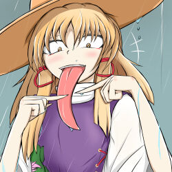 Rule 34 | 1girl, blonde hair, dripping, dripping tongue, furrowed brow, hat, highres, long tongue, looking down, moriya suwako, purple shirt, rain, shirt, simple background, tagme, teeth, tongue, tongue out, touhou, tyumukade, upper teeth only, yellow eyes