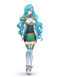 1girl absurdres aqua_hair armor bow braid breastplate breasts chloe_(fire_emblem) cleavage earrings elbow_gloves fire_emblem fire_emblem_engage fraudulenttaco gloves green_eyes highres jewelry long_hair looking_at_viewer medium_breasts nintendo orange_bow shoulder_armor side_braid smile solo teardrop_earrings thighs white_gloves