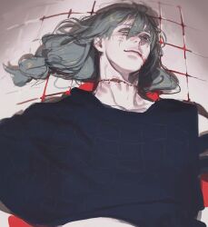 bleeding blood blue_eyes blue_hair heterochromia jujutsu_kaisen long_hair mahito_(jujutsu_kaisen) male_focus messy_hair nonockha stitched_arm stitched_face stitched_neck stitches tile_floor tiles upper_body yellow_eyes