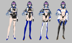 1girl alternate_costume black_boots black_gloves blue_eyes blue_hair blue_shoes boots breasts closed_mouth commentary concept_art full_body gloves goggles goggles_on_head grey_background hair_intakes hand_on_own_hip high_heels highres hololive hololive_english large_breasts long_hair looking_at_viewer multiple_views navel ouro_kronii race_queen reference_sheet shoes simple_background thigh_boots thigh_strap underboob virtual_youtuber yd_(orange_maru)
