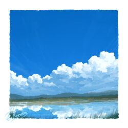 alu.m_(alpcmas) artist_name blue_sky cloud cloudy_sky day highres lake mountainous_horizon no_humans original outdoors reflection reflective_water scenery signature sky water