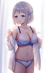 Rule 34 | 1girl, :o, backlighting, bare shoulders, blue eyes, blush, bow, bow bra, bow panties, bra, braid, breasts, brown hair, cleavage, collarbone, collared shirt, commentary request, curtains, dress shirt, gakuen idolmaster, grey hair, highres, idolmaster, katsuragi lilja, large breasts, long sleeves, multicolored hair, navel, off shoulder, open clothes, open shirt, panties, parted lips, puffy long sleeves, puffy sleeves, shirt, solo, sunlight, transparent, two-tone hair, u rin, underwear, undressing, white bra, white panties, white shirt