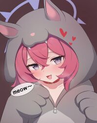 1girl :d animal_costume blue_archive blue_halo blush brown_background cat_costume cosplay crossed_bangs fang grey_eyes hair_between_eyes halo hands_up heart highres hood hood_up iggy@cafe iroha_(blue_archive) kigurumi long_hair looking_at_viewer open_mouth paw_pose red_hair simple_background slit_pupils smile solo speech_bubble upper_body