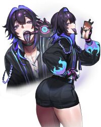 1boy ass belt breasts cellphone chain commission eyeshadow gloves highres jacket looking_at_viewer makeup open_clothes open_jacket original phone purple_eyes purple_hair reallycute456 shirt shorts solo thighs tongue tongue_out trap white_shirt yu_(kuayrenaiz)