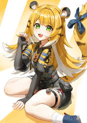 1girl :3 :d animal_ear_fluff animal_ears arm_between_legs blonde_hair blush breasts fang fingerless_gloves gloves green_eyes highres ju_fufu long_hair looking_at_viewer matmaj open_mouth paw_pose sitting small_breasts smile solo tail thigh_strap tiger_ears tiger_girl tiger_tail wariza zenless_zone_zero