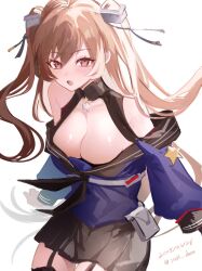 1girl black_gloves blue_shirt blush breasts brown_eyes brown_hair cleavage dated garter_straps gloves hair_ornament highres johnston_(kancolle) kantai_collection long_hair looking_at_viewer medium_breasts off_shoulder one-hour_drawing_challenge open_mouth sailor_collar school_uniform serafuku shirt simple_background skirt solo thighhighs twitter_username two_side_up white_background yopi_(yopi_dane)