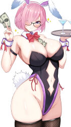 1girl absurdres animal_ears between_breasts blush breasts cocktail_glass collar cup curvy detached_collar drinking_glass fake_animal_ears fate/grand_order fate_(series) foot_out_of_frame glasses gloves hair_over_one_eye hand_up highleg highleg_leotard highres holding holding_tray large_breasts leaning_back leotard light_purple_hair looking_at_viewer mash_kyrielight medium_hair money necktie one_eye_covered playboy_bunny purple_eyes rabbit_ears red_necktie simple_background smile thighhighs thighs tray upper_body variant_set white_collar white_gloves white_leotard white_thighhighs white_wrist_cuffs wrist_cuffs