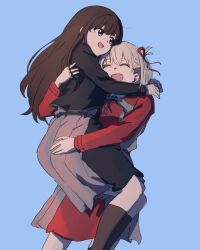 2girls black_dress black_hair black_socks blonde_hair blue_ribbon carrying carrying_person commentary dress grey_dress hair_ribbon highres ini_yoy inoue_takina kneehighs long_hair long_sleeves lycoris_recoil lycoris_uniform multiple_girls neck_ribbon nishikigi_chisato one_side_up open_mouth purple_eyes red_dress red_ribbon ribbon short_hair sidelocks socks two-tone_dress yuri