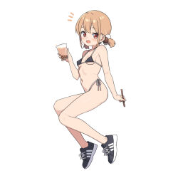 Rule 34 | 1girl, :d, bare arms, bare shoulders, bikini, black bikini, black shoes, breasts, brown hair, bubble tea, covered erect nipples, cup, disposable cup, drinking straw, full body, hair bobbles, hair ornament, hatsunatsu, holding, holding cup, looking at viewer, low twintails, navel, no socks, notice lines, open mouth, red eyes, shoes, short twintails, side-tie bikini bottom, simple background, small breasts, smile, solo, swimsuit, twintails, white background, xiaoyuan (you can eat the girl), you can eat the girl