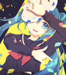 Rule 34 | 1girl, \m/, absurdres, aqua eyes, black background, black sailor collar, black serafuku, black shirt, black skirt, blue eyes, blue hair, blue nails, commentary request, confetti, ego rock (vocaloid), fingernails, flat chest, hair between eyes, hatsune miku, highres, long bangs, long hair, long sleeves, looking at viewer, lower teeth only, mask, mask on head, neckerchief, one eye closed, open mouth, pleated skirt, red neckerchief, ryuuga sazanami, sailor collar, school uniform, serafuku, shirt, skirt, smile, solo, spotlight, teeth, twintails, upper body, very long hair, vocaloid