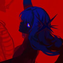 1girl arcana_(reverse:1999) blue_hair blue_sclera breasts colored_sclera colored_tears eyed_silhouette hegai highres long_hair looking_at_viewer medium_breasts red_background reverse:1999 silhouette skeleton solo upper_body wand_in_head yellow_eyes