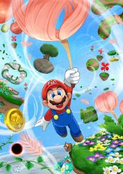 1boy absurdres blue_eyes blue_overalls brown_hair facial_hair flower gloves goomba hat highres mario mario_(series) mustache nintendo open_mouth overalls red_hat red_shirt sasaki_sakiko shirt smile star_bit super_mario_galaxy white_gloves wind