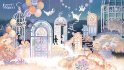 1boy 2girls artist_request balloon birdcage blue_sky blush cage copyright_name dusk flower grass highres infinity_nikki logo looking_back multiple_girls nikki_(series) official_art official_wallpaper open_door origami outdoors paper_crane purple_flower ribbon second-party_source silhouette sky stairs standing star_(sky) starry_sky surreal walking yellow_ribbon