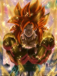 1boy abs absurdres aura blue_eyes blue_sash body_fur commentary_request dragon_ball dragon_ball_gt fusion fusion_dance gogeta highres hiro_(udkod1ezlyi2flo) looking_at_viewer male_focus metamoran_vest monkey_boy monkey_tail muscular muscular_male pants pectorals red_hair saiyan sash smile solo spiked_hair super_saiyan super_saiyan_4 tail white_pants