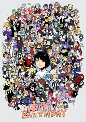 Rule 34 | 6+girls, absurdres, ace attorney, adventure time, annotation request, armor, artemis (fate), backwards hat, beret, black hair, black necktie, blonde hair, blue eyes, blue gloves, blue hair, bow, bowtie, brown eyes, brown hair, camilla (fire emblem), cammy white, catherine (atlus character), catherine (game), character request, collared shirt, copyright request, cowboy hat, danganronpa (series), elesa (pokemon), elizabeth (bioshock infinite), elizabeth (persona), english text, fate/grand order, fate (series), fire emblem, flame princess, florence nightingale (fate), forehead jewel, franziska von karma, fukawa toko, gazelle (kingsman), gegege no kitarou, gekkan shoujo nozaki-kun, genocider shou, glasses, gloves, green eyes, green hair, grey background, hair ornament, hair over one eye, hair tubes, happy birthday, hat, highres, hit-girl, holding, holding scissors, hunter x hunter, isabella valentine, kick-ass, kingsman: the secret service, kurapika, light blue hair, mordred (fate), mordred (swimsuit rider) (fate), mordred (swimsuit rider) (first ascension) (fate), multiple girls, my little pony, my little pony: friendship is magic, nanami haruka, navel, necktie, nintendo, olivia (pokemon), one eye closed, open mouth, orange hair, persona, persona 3, pink hair, pokemon, pokemon bw2, pokemon sm, princess unikitty, purple hair, rama (fate), red bow, red bowtie, red hair, red hat, samidare satsuki, sawashiro miyuki, school uniform, scissors, seo yuzuki, shirt, skullgirls, smile, soul calibur, soulcalibur, soulcalibur ii, squigly (skullgirls), street fighter, sunglasses, sword, the lego group, tongue, tongue out, top wo nerae! (series), top wo nerae 2!, twilight sparkle, uta no prince-sama, voice actor connection, weapon, white hair, yoshino chidori