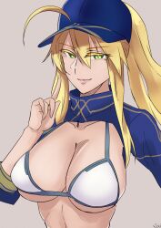 1girl ahoge artoria_pendragon_(fate) artoria_pendragon_(lancer)_(fate) baseball_cap bikini blonde_hair blue_eyes blue_hat blue_shrug breasts cleavage cosplay fate/grand_order fate_(series) green_eyes hair_between_eyes hat large_breasts long_hair long_sleeves looking_at_viewer mysterious_heroine_xx_(fate) mysterious_heroine_xx_(fate)_(cosplay) ponytail s4ika shrug_(clothing) sidelocks smile solo swimsuit white_bikini