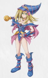 Rule 34 | 1girl, asatsuki (fgfff), bare shoulders, blonde hair, blue boots, blue hat, blush, blush stickers, boots, breasts, cape, choker, cleavage, dark magician girl, duel monster, full body, green eyes, hair between eyes, hat, highres, holding, holding wand, large breasts, looking at viewer, medium breasts, off shoulder, pentacle, phrygian helmet, pink cape, pink skirt, showgirl skirt, skirt, staff, wand, white background, wizard hat, yu-gi-oh!, yu-gi-oh! duel monsters