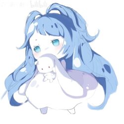 Rule 34 | 1girl, aqua eyes, bilibili logo, blue hair, blush, chibi, daer maodou (roco kingdom:world), dress, full body, long hair, roco kingdom, roco kingdom:world, short bangs, simple background, solo, stuffed animal, stuffed toy, very long hair, white background, white dress, xueying wawa (roco kingdom:world)