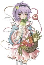 1girl absurdres basket black_hairband blouse blue_shirt blush carrot commentary cowboy_shot d: elbow_carry english_text frilled_shirt_collar frilled_skirt frilled_sleeves frills hair_between_eyes hair_ornament hairband heart heart_hair_ornament highres holding holding_basket komeiji_satori long_sleeves looking_at_viewer open_mouth pink_skirt purple_eyes purple_hair radish red_eyes shirt short_hair simple_background skirt solo spring_onion sweatdrop thighhighs third_eye touhou turnip white_background white_thighhighs wide_sleeves wwparasi