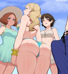 1boy 3girls afrobull amamiya_ren ass bikini blonde_hair blue_bikini blue_dress blue_eyes blue_sky blush braid breasts brown_eyes brown_hair bulge closed_mouth commentary crown_braid day dress english_commentary erection erection_under_clothes from_below front-tie_bikini_top front-tie_top hair_ornament hairclip hat highres looking_at_penis looking_down medium_breasts medium_hair multiple_girls niijima_makoto okumura_haru open_mouth outdoors patreon_username persona persona_5 polka_dot polka_dot_dress red_eyes short_dress sky smile standing sun_hat sweat swimsuit takamaki_anne twintails white_bikini wide-eyed wristband