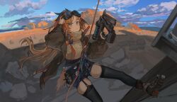 Rule 34 | 1girl, ankle boots, arknights, arm up, black boots, black skirt, black thighhighs, blue eyes, boots, brown coat, brown hair, climbing, climbing rope, cloud, coat, day, foot out of frame, garter straps, goggles, goggles on head, hanging, high-waist skirt, highres, holding, kasumi yuzuha, long sleeves, looking at viewer, miniskirt, mole, mole under eye, mountainous horizon, outdoors, parted lips, pinecone (arknights), puffy long sleeves, puffy sleeves, rope, skindentation, skirt, solo, strap, sunlight, sweater, thighhighs, turtleneck, turtleneck sweater, wind, yellow sweater