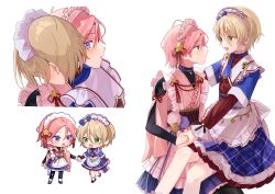 2boys absurdres apron blonde_hair blue_bow blue_dress blue_necktie bow chibi closed_mouth crossdressing dress ensemble_stars! green_eyes head_on_another&#039;s_shoulder highres holding_hands looking_at_another maid_apron maid_headdress multiple_boys multiple_views necktie open_mouth oukawa_kohaku pink_hair purple_eyes shiratori_aira_(ensemble_stars!) shisokonbu short_hair simple_background sitting sitting_on_lap sitting_on_person smile white_background yaoi