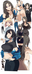 bikini black_hair blonde_hair blue_jacket breasts choker cleavage from_behind highres jacket kneehighs long_hair mikoto_akemi multiple_girls multiple_views navel open_clothes open_jacket original panties pants parted_bangs parted_lips ponytail see-through_clothes short_hair sideboob simple_background skirt smile socks sports_bra sportswear sweatpants swimsuit thighhighs turtleneck underwear zettai_ryouiki