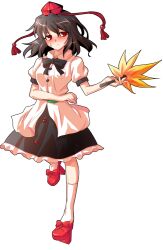 1girl adairi alphes_(style) black_bow black_bowtie black_hair black_skirt blush bow bowtie breasts closed_mouth commentary_request dairi frilled_skirt frills full_body geta half-closed_eyes hand_fan hat holding holding_fan kneehighs large_variant_set looking_at_viewer medium_breasts parody puffy_short_sleeves puffy_sleeves red_eyes red_shoes shameimaru_aya shirt shoes short_hair short_sleeves skirt socks solo style_parody tachi-e tengu-geta tokin_hat touhou transparent_background variant_set white_shirt white_socks