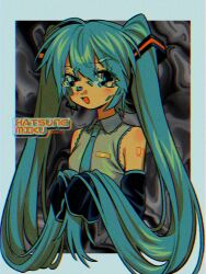 1girl 39 aqua_eyes aqua_hair aqua_necktie black_sleeves character_name commentary cropped_torso detached_sleeves glitch hair_ornament hatsune_miku highres holding holding_own_hair long_hair menma_(enaic31) necktie open_mouth sleeves_past_fingers sleeves_past_wrists smile solo twintails upper_body very_long_hair vocaloid