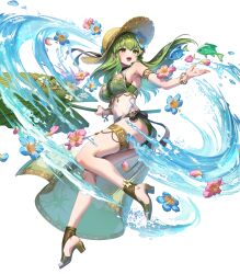 1girl ass attack bikini breasts criss-cross_halter female_focus fire_emblem fire_emblem_echoes:_shadows_of_valentia fire_emblem_heroes fish flower green_bikini green_eyes green_hair green_nails hair_flower hair_ornament halterneck hat high_heel_sandals highres jewelry long_hair matching_hair/eyes medium_breasts nail_polish navel nintendo non-web_source official_alternate_costume official_art open_mouth palla_(fire_emblem) palla_(summer)_(fire_emblem) palm_leaf sandals sarong see-through_clothes see-through_sarong smile solo straw_hat sun_hat swimsuit thighlet thighs toenail_polish toenails water