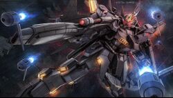 Rule 34 | aiming, battle, beam cannon, beam rifle, cable, duel, energy gun, funnels (gundam), glowing, glowing eyes, gundam, gundam battle operation 2, gundam side story: missing link, machinery, mecha, mecha focus, mobile suit, motion lines, nebula, neo zeon, no humans, official art, painting (medium), promotional art, realistic, red eyes, robot, scan, science fiction, scope, space, star (sky), sunrise (company), tenjin hidetaka, thrusters, todesritter, traditional media, vernier thrusters, weapon, zero gravity